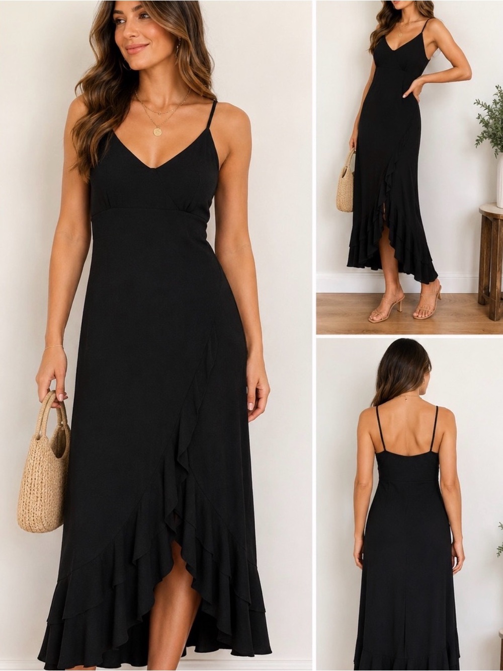 Younique Black High-Low Ruffle Slip Dress- Medium